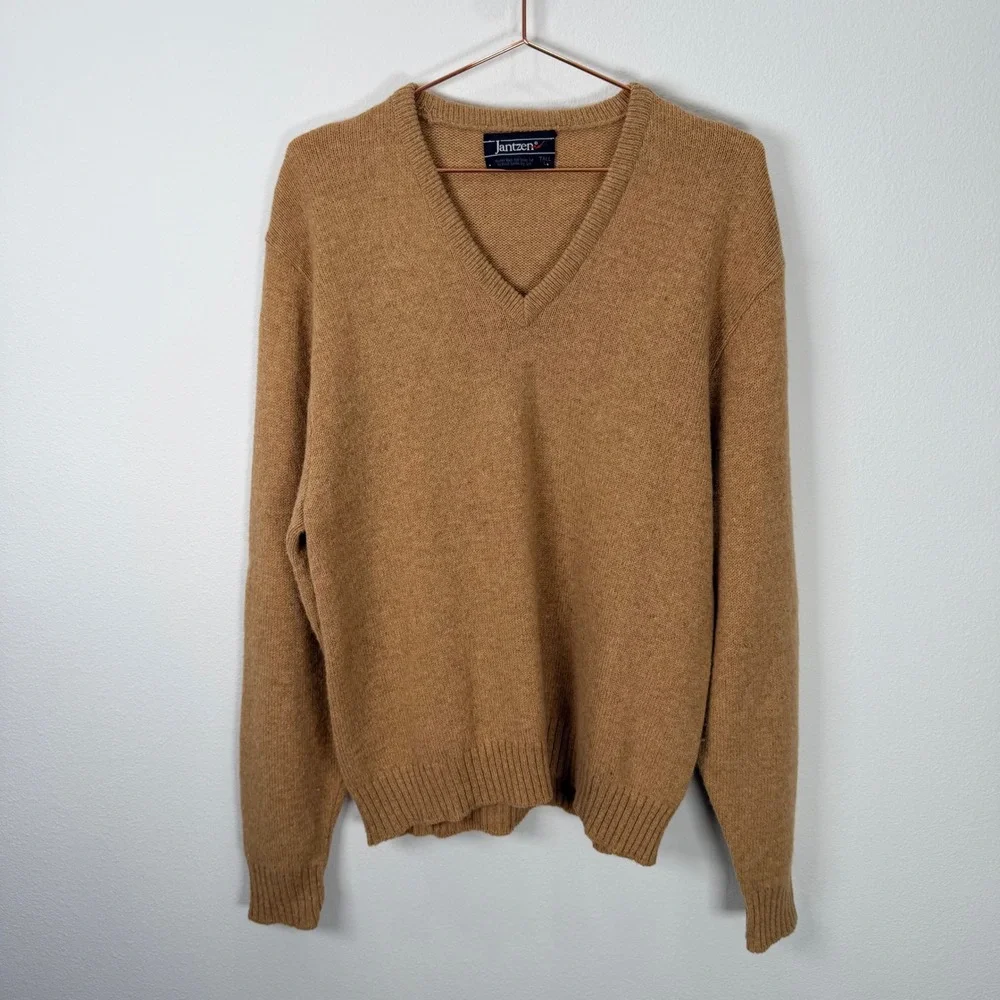 Vintage Jantzen Mens Large Tall V-Neck Sweater Tan Brown Wool Knit Pullover